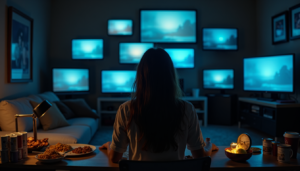 Person surrounded by screens and snacks symbolizing harmful pleasure habits and overstimulation