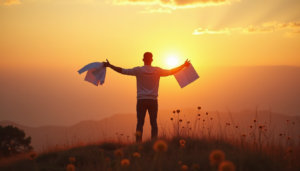 Person standing on a hilltop at sunrise, arms open, symbolizing release from perfectionism